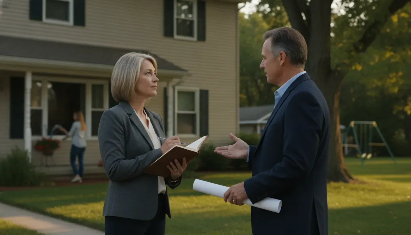 A homeowner reviewing a no-obligation cash offer with the M1 Home Buyers team outside a Metro Detroit house